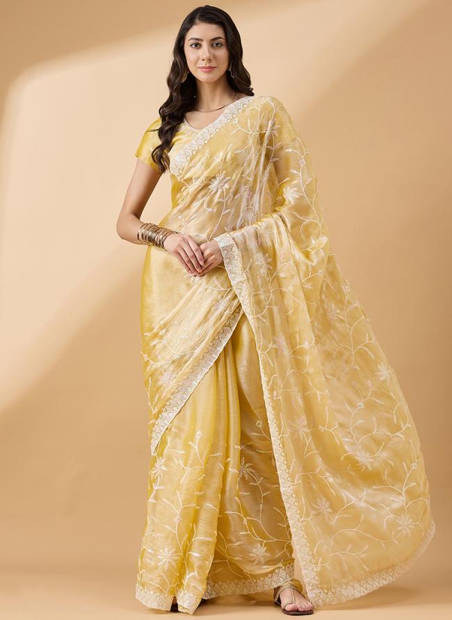 Tissue Slub Yellow Party Wear Sequence Work Saree